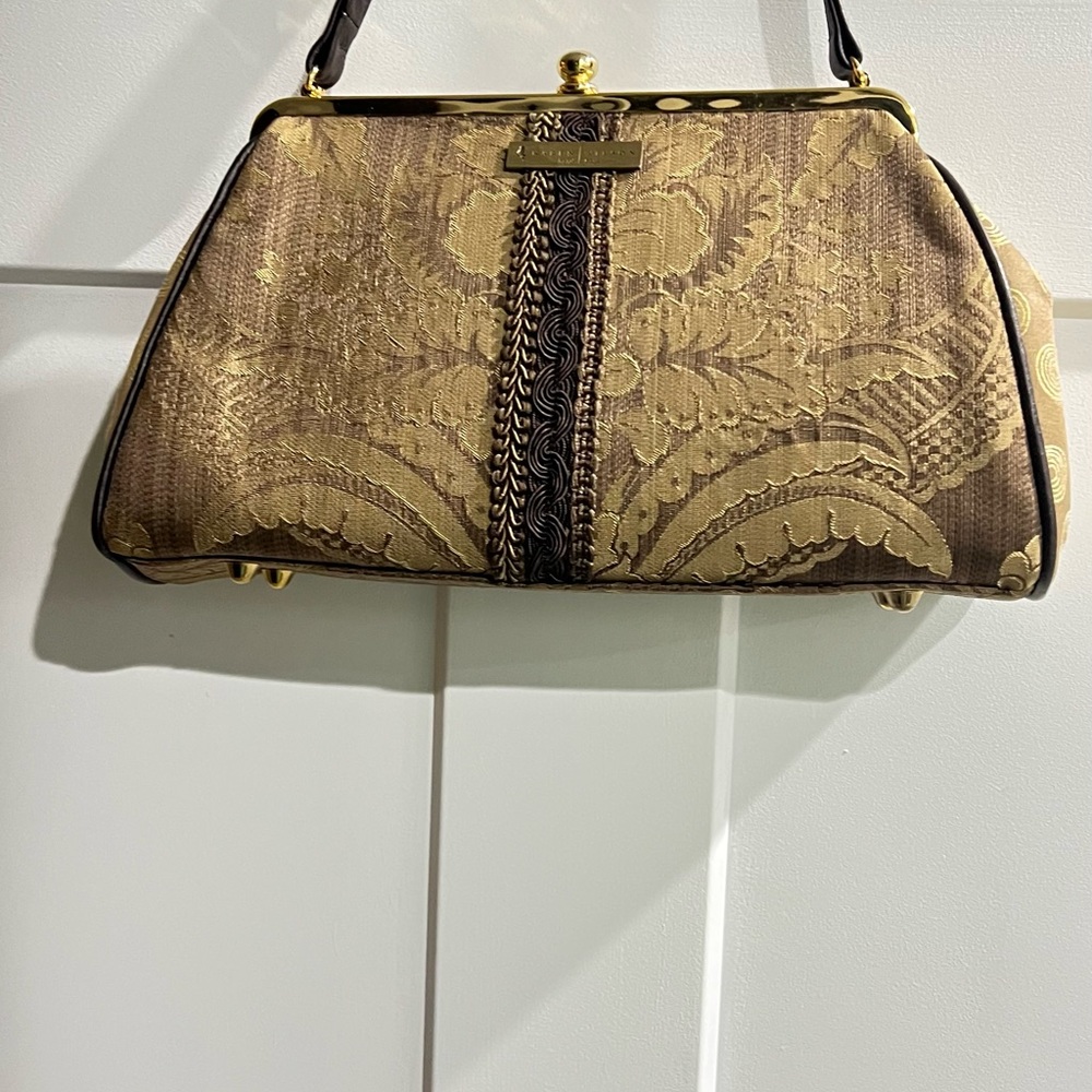 Karen Wilson Luxurious Brown and Gold Clutch with Intricate Patterns